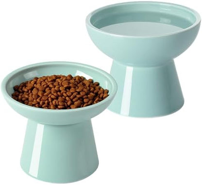 LoeJan Elevated Cat Food and Water Bowls Set, Extra Wide and Raised Ceramic Feeder, Anti-Vomit Whisker-Free Pressure Feeding Bowl for Kittens Adult Small Dogs, Blue by LoeJan