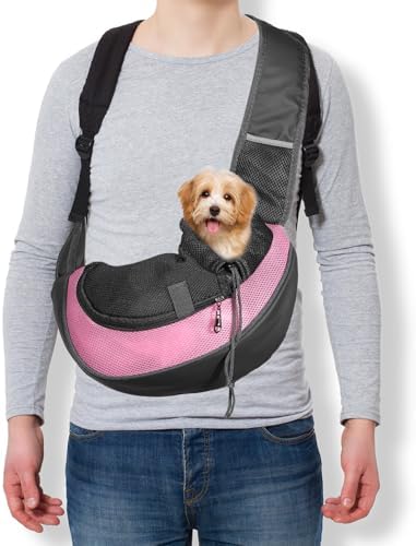 Dog Sling Carrier for Small Pet Up to 13.2 lbs Hand-Free Drawstring Pet Sling Carrier with Safety Hook & Adjustable Strap, (Pink, 1 Pcs) Intended for Hiking and Camping by Unknown