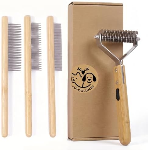 Cat Undercoat Rake and Dematting Comb, 4-in-1 Bamboo Grooming Kit for Long Haired Indoor Cats, Detangling Deshedding Brush for Matted Fur, Shedding Tool for Dogs by Unknown