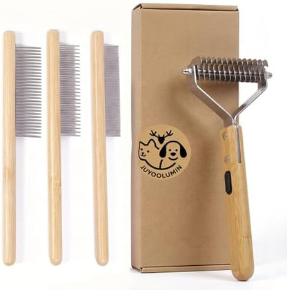 Cat Undercoat Rake and Dematting Comb, 4-in-1 Bamboo Grooming Kit for Long Haired Indoor Cats, Detangling Deshedding Brush for Matted Fur, Shedding Tool for Dogs by Unknown