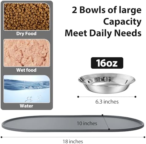 3-Pack Cat Bowls with Food Mat,6.3 Inches Stainless Steel Cat Food Bowl,Wide Tapered Design Whisker-Friendly Food and Water Bowl for Feeding Dogs and Cats,Dishwasher Safe,SUS 316 - Image 7