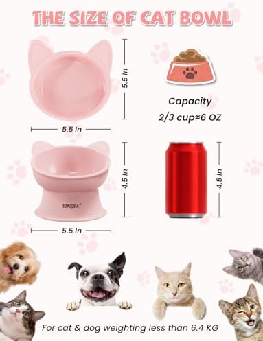 YINEYA Cat Bowls, Cat Food Bowl Elevated to Protect Neck & Anti-Vomit, Whisker-Friendly Raised Food & Water Bowls for Indoor Cats/Small Dogs, Cute Pet Feeding Bowl 6 OZ Each, Dishwasher Safe, Pink - Image 4