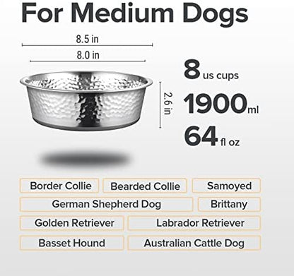 URBUDDIES 2 Pack Hammered Stainless Steel Dog Bowls, 8 Cup, Gray Bottom - Image 2