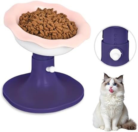 Adjustable Ceramic Elevated Cat Bowls, 30° Tilted Raised Cat Bowls, Neck Protection, Whisker-Friendly, Leak Proof for All Age Cats & Dogs, Lace (Pinkish Blue) by Unknown