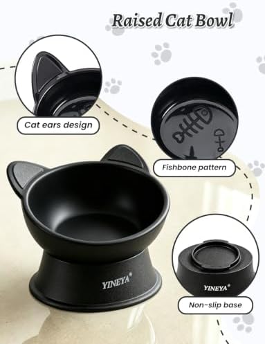 YINEYA Elevated Cat Bowls 2 Pcs, Cat Food Bowl to Protect Neck & Anti-Vomit, Whisker-Friendly Raised Food and Water Bowls Set for Indoor Cats/Small Dogs, Cute Pet Feeding Bowl 6 OZ Each, Black&White - Image 5