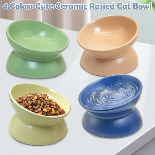 kathson 4 Pcs Ceramic Raised Cat Bowls, Elevated Tilted Cat Food Bowl, Anti Vomiting Pet Food Bowl, Colorful Porcelain Pet Feeder Dish for Cats and Small Dogs,Stress Free, Whisker Fatigue - Image 6