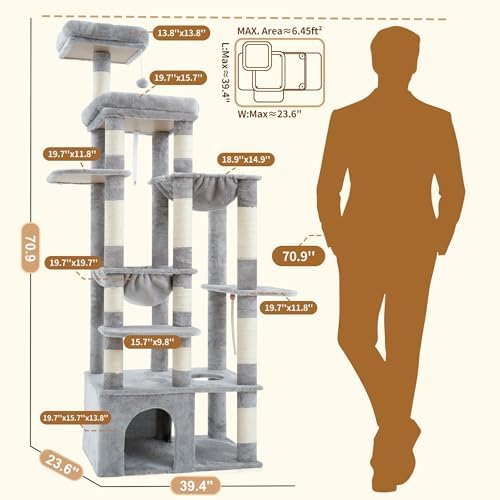 Heybly Cat Tree, 71-Inch Tall Cat Tower for Large Maine Coon Cats HCT037W - Image 6