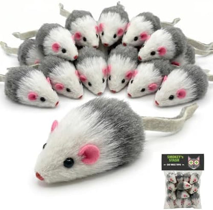 Smokey's Stash Gray and White Faux Fur Cat Mice Toy 12 Per Pack Multi Color Realistic Interactive Small Mouse with Rattle and Catnip Safe for Adult Cats and Kittens by Smokeysstash