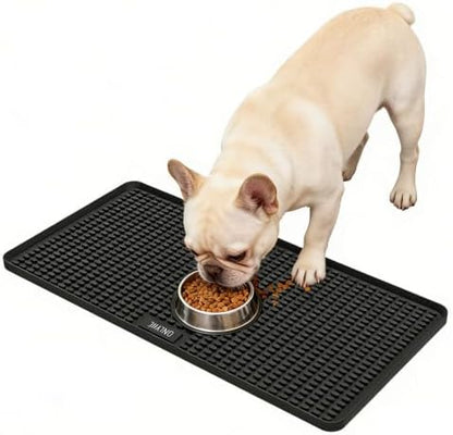 Dog Food Mat, 26"x13" Silicone Dog Feeding Mat Waterproof Pet Feeding Mat with High Lips & Raised Texture Keeps Paws Dry, Non-Slip Easy to Clean, Prevent Spill Protect Floors, Black by onlyhe