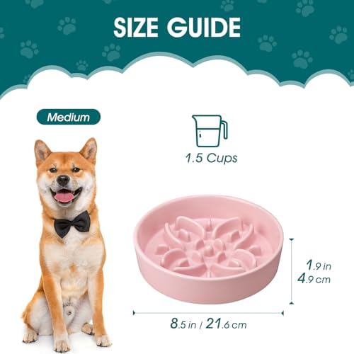 vancasso Ceramic Slow Feeder Dog Bowls, Puzzle Dog Food Bowls with Floral Maze, Anti -Slip Pet Food Dish for Medium Breed, 1.5 Cups, Pink - Image 2