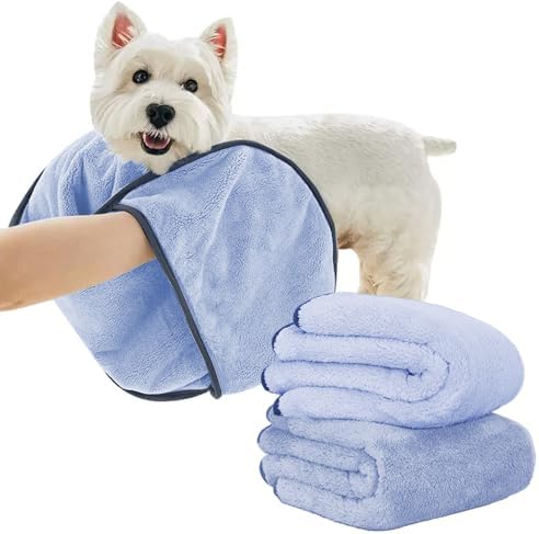 Dog Towels for Drying Dogs Small Medium Large, 2 Pack Dog Cat Drying Bath Towel 30.3"x13.8" with Hand Pocket,Absorbent Pet Towel for Dog Cat Blue by KUEIOX