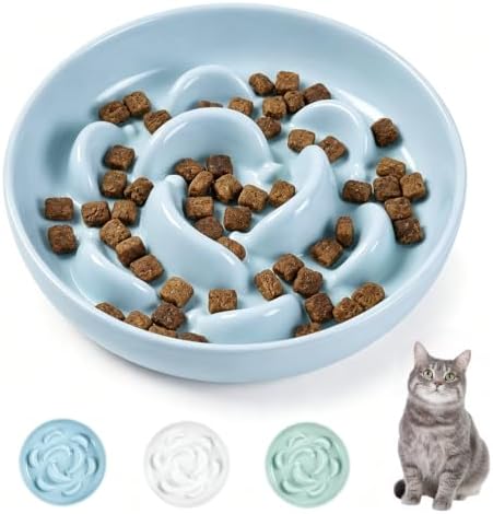 Melamine Cat Slow Feeder Bowl - Pastel Series Cat Plate for Dry and Wet Food - Cute Maze Feeder Dish for Healthy Eating - Dishwasher Safe - 6.3''W x 1.2''H - 7 OZ - Pale Blue by PTOBER