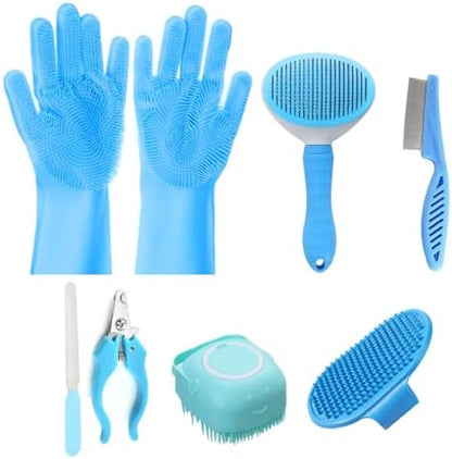 8PCS Dog Bath Supplies Set，Dog Washing Gloves，Shampoo Brush, Bath Supplies Set，Shedding Slicker Brush，Complete Pet Grooming Kit for Dog&Cat and Small Animal Grooming(8PCS-Bath-Blue) by KEEPLKVOC