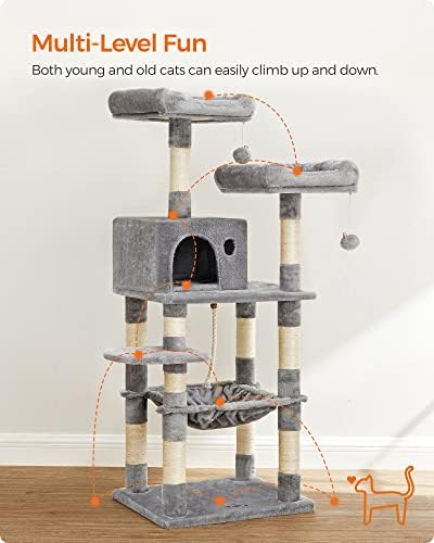 Feandrea Cat Tree, 55.8-Inch Large Cat Tower, Multi-Level Condo, Light Gray - Image 4