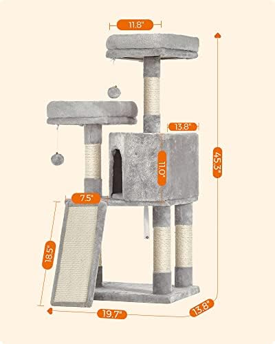 Feandrea Cat Tree, 45.3-Inch Cute Cat Tower, Climbing Condo, Light Gray - Image 5