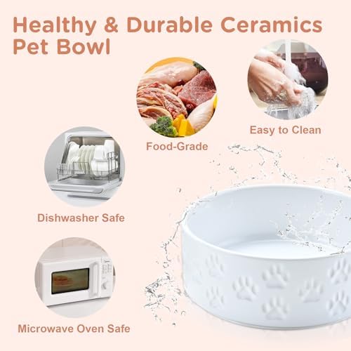 SPUNKYJUNKY Elevated Dog Bowls Ceramic, 5.1'' Dogs and Cat Food Water Bowls Raised with Non-Slip Bamboo Stand for Puppy Small Sized Breed Microwave Dishwasher Safe - 13.5 OZ,Paw White - Image 5