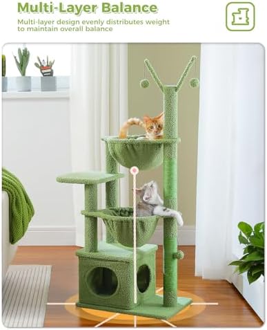 MUTTROS Cactus Cat Tree, 47.6" Cat Tower with 2 Metal Frame Hammock, Cat Scratching Post for Indoor Cats with 2 Removable Pompom Sticks for Kittens, Green - Image 4