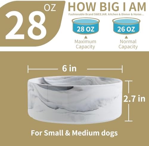 Elevated/Raised Dog Bowl Ceramic with Wood Stand for Small Medium Breed,Dog Food Water Dish Heavy, 6 in Non Slip Modern Cute Porcelain Pet Bowl Marble Grey - Image 3