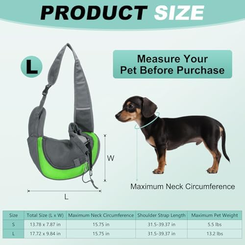 Dog Sling Carrier for Small Pet Up to 13.2 lbs Hand-Free Drawstring Pet Sling Carrier with Safety Hook & Adjustable Strap, (Green, 1 Pcs) Intended for Hiking and Camping - Image 2