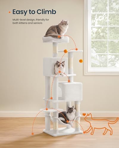 SONGMICS HOME Cat Tree for Indoor Cats, Multi-Level Cat Tower with Sisal Scratching Posts, Hammock and Condo, White - Image 4