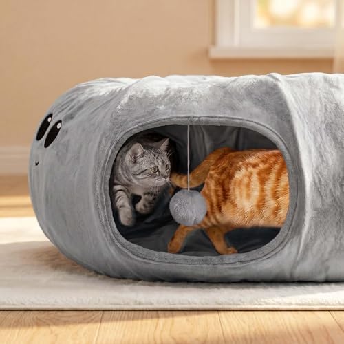 Cat Tunnel Bed for Indoor Cats, Peekaboo Cat Cave Bed, Grey - Image 2