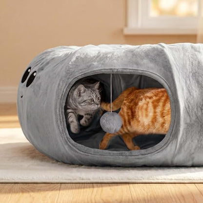 Cat Tunnel Bed for Indoor Cats, Peekaboo Cat Cave Bed, Grey - Image 2