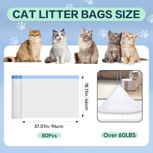 80 Count Jumbo Cat Litter Box Liners, Cat Litter Liners for Automatic Litter Box, 10-15 Gallon Heavy Duty Cat Litter Bags with Drawstrings, 37" x 18.11" - Image 2