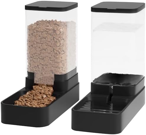 Automatic Cat Feeder and Water Dispenser in Set with Pet Food Bowl,Gravity Dog Waterer and Food Feeder for Small Medium Dog Cat Puppy Kitten Large Capacity(3.8L,Black) by Unknown