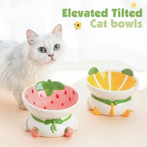 kathson Ceramic Raised Cat Bowl, 15° Tilted Elevated Cat Food Bowl, Raised Cat Food Bowls Anti Vomiting, Small Cat Feeding Bowlswith Stand for Protecting Spine, Strawberry Shaped Cute Kitten Bowl - Image 7