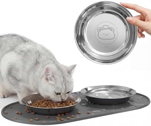 3-Pack Cat Bowls with Food Mat,6.3 Inches Stainless Steel Cat Food Bowl,Wide Tapered Design Whisker-Friendly Food and Water Bowl for Feeding Dogs and Cats,Dishwasher Safe,SUS 316 by Summark