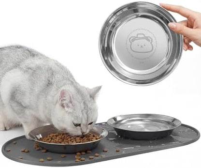 3-Pack Cat Bowls with Food Mat,6.3 Inches Stainless Steel Cat Food Bowl,Wide Tapered Design Whisker-Friendly Food and Water Bowl for Feeding Dogs and Cats,Dishwasher Safe,SUS 316 by Summark