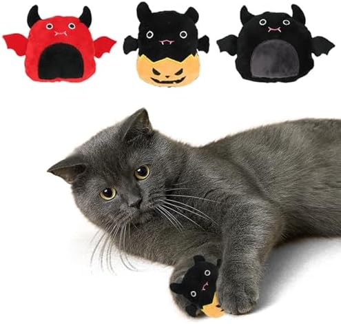 3-Pack Halloween Catnip Plush Toys Set - Devil, Bat, and Pumpkin Designs with Crinkle Paper for Interactive Play, Perfect Halloween Cat Toys - Image 2