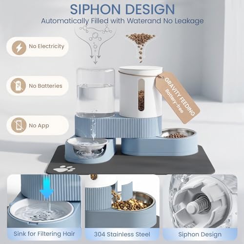Gravity Cat Feeder and Water Dispenser 2 Pack Automatic Stainless Steel Feeder Bowls with Silicone Mat and Brush Set, Dry Food and Water Dispenser for Cats Small Medium Dogs(Blue) - Image 2