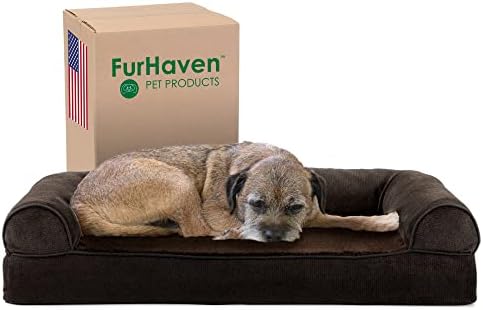 Furhaven Cooling Gel Dog Bed for Medium/Small Dogs w/ Removable Bolsters & Washable Cover, For Dogs Up to 35 lbs - Sherpa & Chenille Sofa - Coffee, Medium by FurHaven