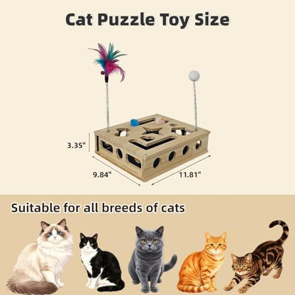 Cat Toys, Cat Scratcher Puzzle Enrichment Box - Wooden Cat Nail File with 2 Catnip Mice & 2 Balls & 2 Wand, Interactive Cat Toy Treat Maze for Indoor Cats, Stress-Free Cat Scratch Box That Trim Nails - Image 5