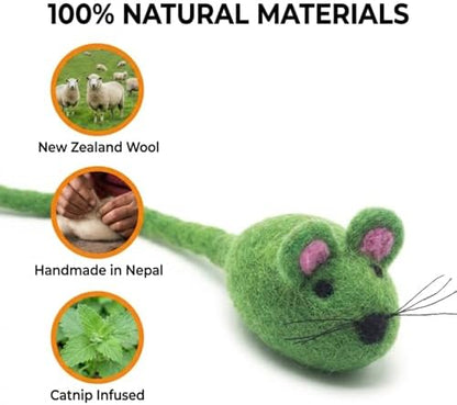 Glaciart One Felt Mouse Cat Toy – Soft Fuzzy Enrichment 100% Natural Wool - Interactive Catnip Play Cat Toy Set - Safe for Pets, Non-AZO Colored Dyes - 42” Long - Image 6