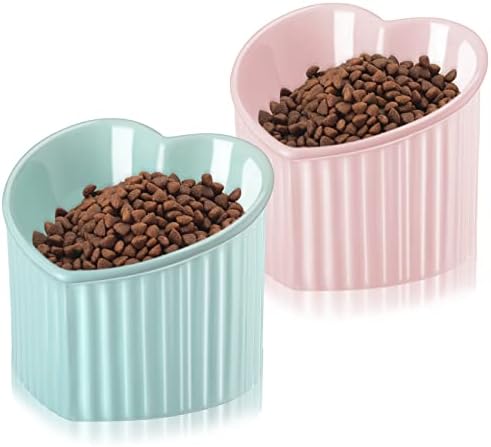 Mumufy 2 Pcs Ceramic Elevated Cat Bowls Tilted Elevated Raised Pet Bowls Anti Vomit Cat Dish for Indoor Stress Free Water Dish Feeder for Puppies, Heart Shaped(Macaron Blue, Pink) by Mumufy