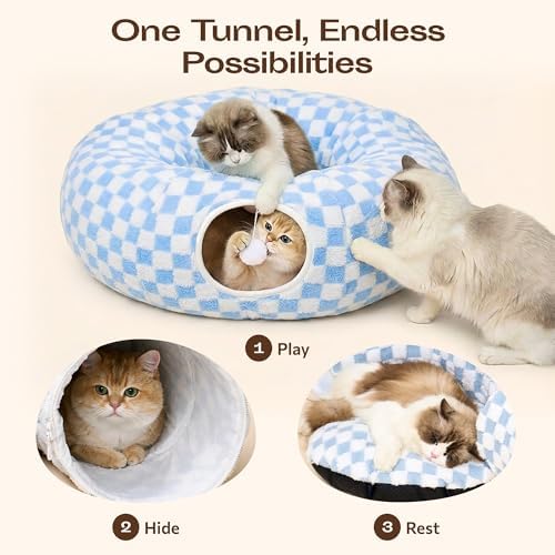 Meowfia Indoor Cat Tunnel with Donut Bed - Large Flexible Play Space for Multiple Pets - Circle or Snake Shape, Cozy Lounge (Azure Check) - Image 3