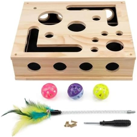 Huntmic Wooden Cat Toys Scratch Puzzle Enrichment Box, Interactive Cat Toy with Sandpaper Inside and Bell Ball, Cat Claw Saver Interactive Toy Stress-Free Alternative to Clippers & Grinders - Image 2