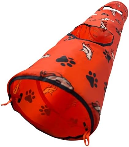 NFL Denver Broncos Cat Tunnel Tube Toy with Plush Football Catnip and Feathers Collapsible Tunnel for Cats to Play, Peek and Hide, Sporty & Fun Cat Tunnel Toy with Team Logo All-Over Design! - Image 3
