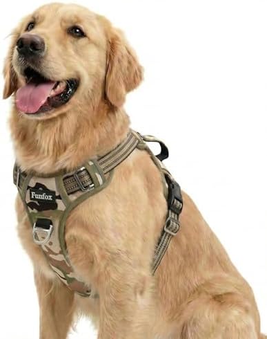 Funfox Dog Harness No Pull, Adjustable Pet Vest Harness, Super Soft Material with Vertical Handle Easy Control, Reflective Night Walking, 2 Leash Clips for Large Dogs, Camo Green, L by MyFUNFOX
