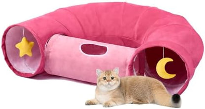 Cat Tunnel, Large Indoor Durable Collapsible Interactive Cat Tube with Peek-A-Boo Hole, Hanging Toys, and Crinkly Paper Lining - Cute Tunnel for Cats, Kittens, Puppies & Rabbits, Pink by Thanksforyourfollow