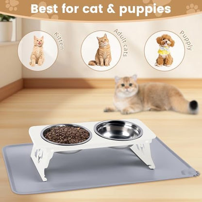 Elevated Cat Bowls with Food Mat,10° Tilted Anti-Vomiting Raised Cat Food Bowl for Small Cats and Puppies, Foldable 2 Stainless Steel Pet Bowl with Stand-Milky White - Image 5