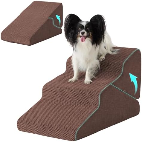 Ahpmeoa Dog Stairs for Small Dogs 16’’ H, 3-Step Dog Steps for Bed, Brown by Ahpmeoa
