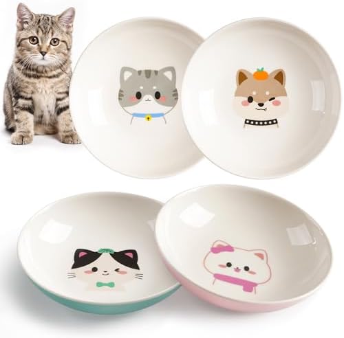 Cat Bowls, Ceramic Cat Food Bowl Set with White Silicone Ring for Non Slip, Cute Cats Dishes or Plates for Feeding Indoor Cats, Kitten, Small Dogs (Multicolored 4 Pack-Cute Pet, 5.5 Inches) by Kitwinney