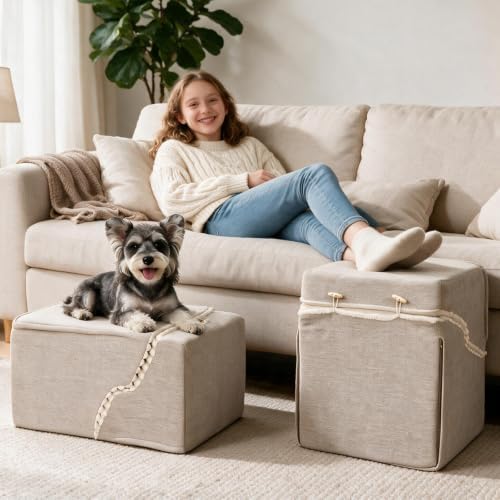 Dog Stairs for Small Dogs,2 in 1 Transformable 4-Step Pet Stairs,Indoor Pet Steps for Cats,Comfort, Durable Washable Cover and Durable High Density Foam,Beige - Image 2