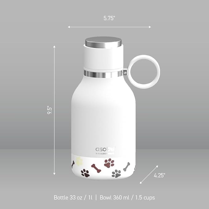 Asobu Buddy Bottle a Stainless Steel Insulated Water Bottle for with Removable Dog Water Bowl and Dog Food and Treat Storage Bowl (White, 37 oz Water Bottle with Bowl)