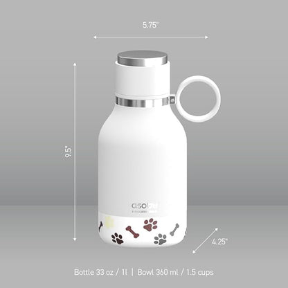 Asobu Buddy Bottle a Stainless Steel Insulated Water Bottle for with Removable Dog Water Bowl and Dog Food and Treat Storage Bowl (White, 37 oz Water Bottle with Bowl)