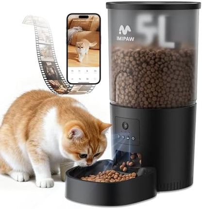 IMIPAW 5L Automatic Cat Feeder with Camera - AI Pet Recognition & Recording, Night Vision, 5G WiFi APP Remote Control, Two-Way Audio & Desiccant Bag, Timed Programmable Food Dispenser for Small Pets by IMIPAW