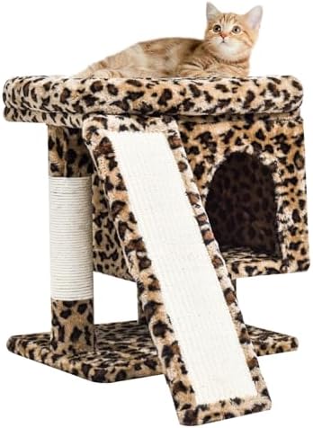 SYANDLVY Small Leopard Print Cat Tree with Perch for Indoor Cats, Cat Tower with Scratching Post, Modern Activity House for Large Cats, Condo with Board, Kittens Cave by SYANDLVY